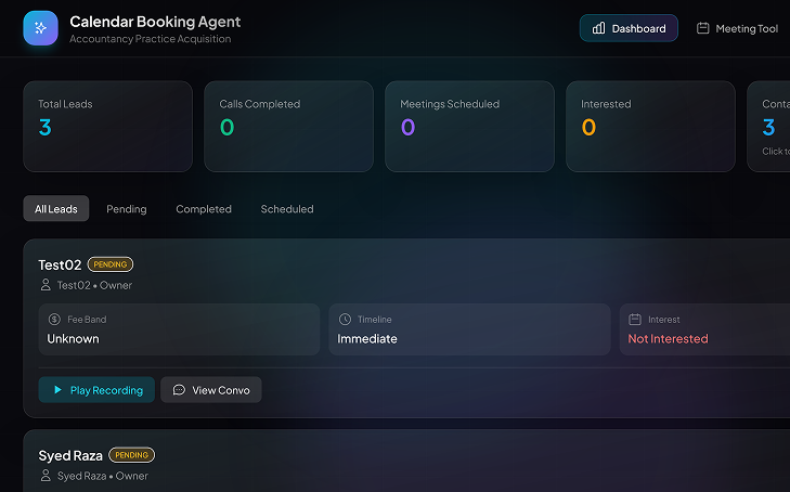 Calendar Booking Agent dashboard preview